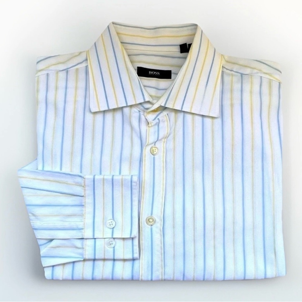 $15 SALE Hugo Boss Long Sleeve Designer Shirt Mens 16 White Striped Tailored‎